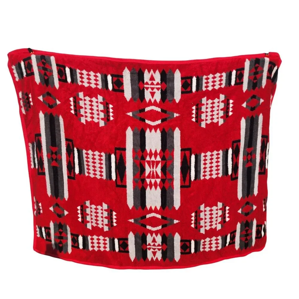 Vintage IBENA Acrylic Blanket 73x57 Red Black Navajo Southwest Geometric Turkey